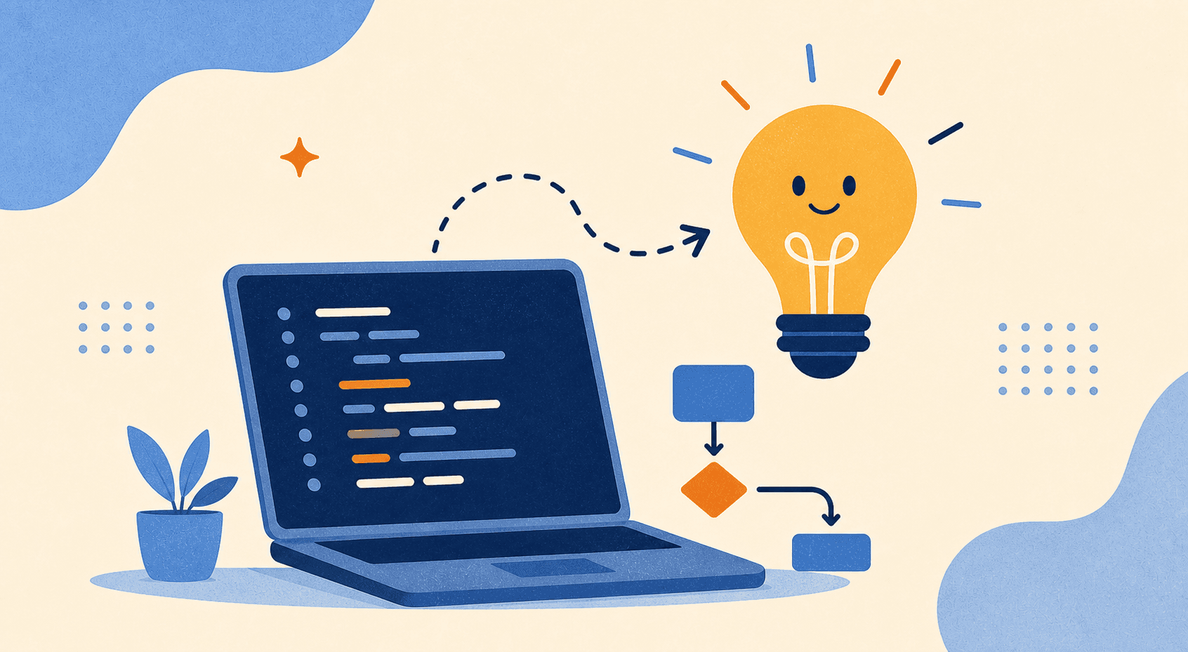 Retro-styled coding illustration with a laptop, lightbulb, and problem-solving symbols.