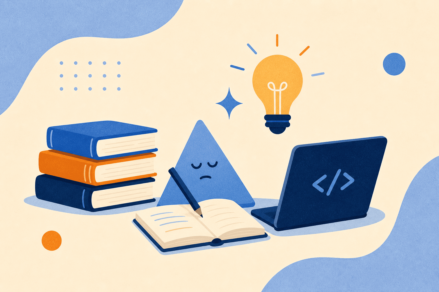 Retro-styled illustration of books, code, and a focused abstract shape studying through a challenge.
