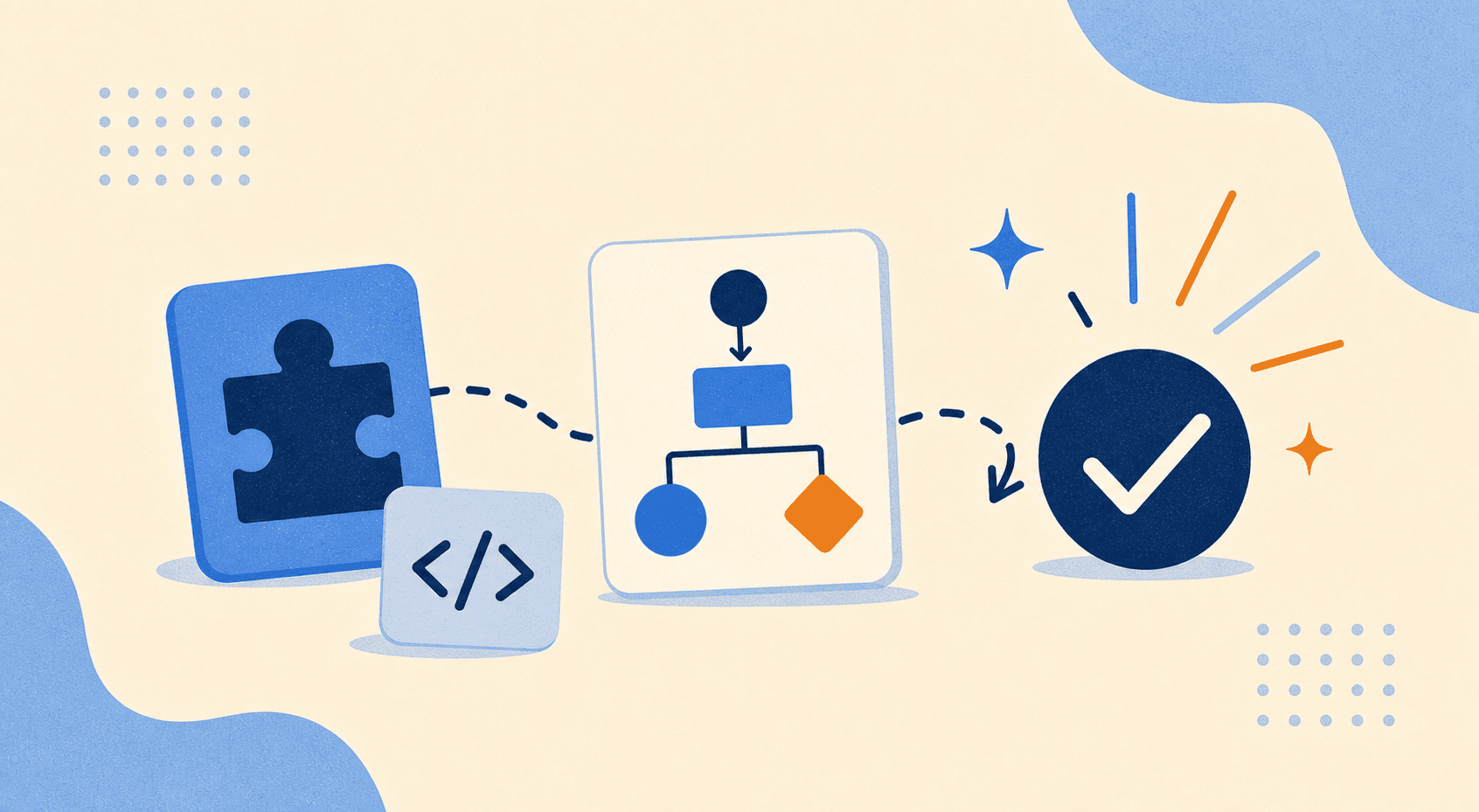 Retro-styled illustration of puzzle pieces, code symbols, a flowchart, and a success mark.